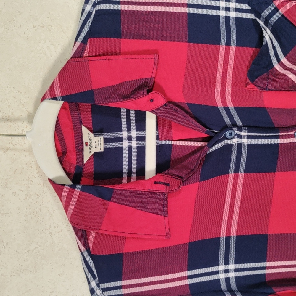4111 Woolrich red and blue plaid flannel button up shirt M - Picture 2 of 13
